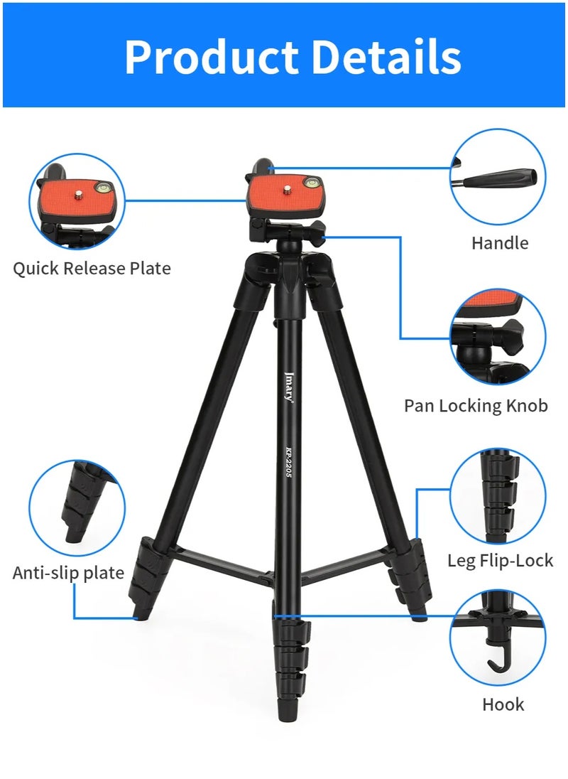 Professional Tripod KP-2205 , Lightweight and Extendable to 134cm, with Mobile Holder and Support for Cameras and DSLRs, 360° Rotation and Stable Aluminum Base - Ideal for Live Streaming, Video Shooting, and Content Creation - Foldable and Portable for Travel and Outdoor Photography - Black