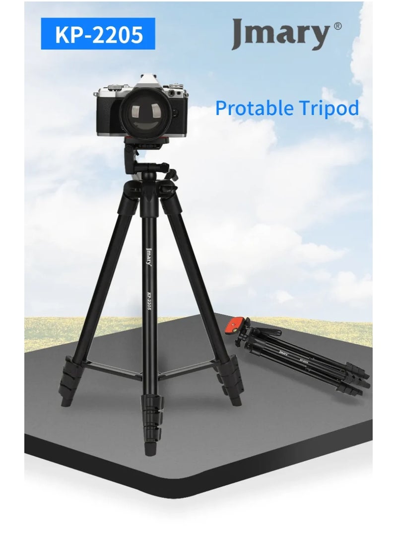 Professional Tripod KP-2205 , Lightweight and Extendable to 134cm, with Mobile Holder and Support for Cameras and DSLRs, 360° Rotation and Stable Aluminum Base - Ideal for Live Streaming, Video Shooting, and Content Creation - Foldable and Portable for Travel and Outdoor Photography - Black