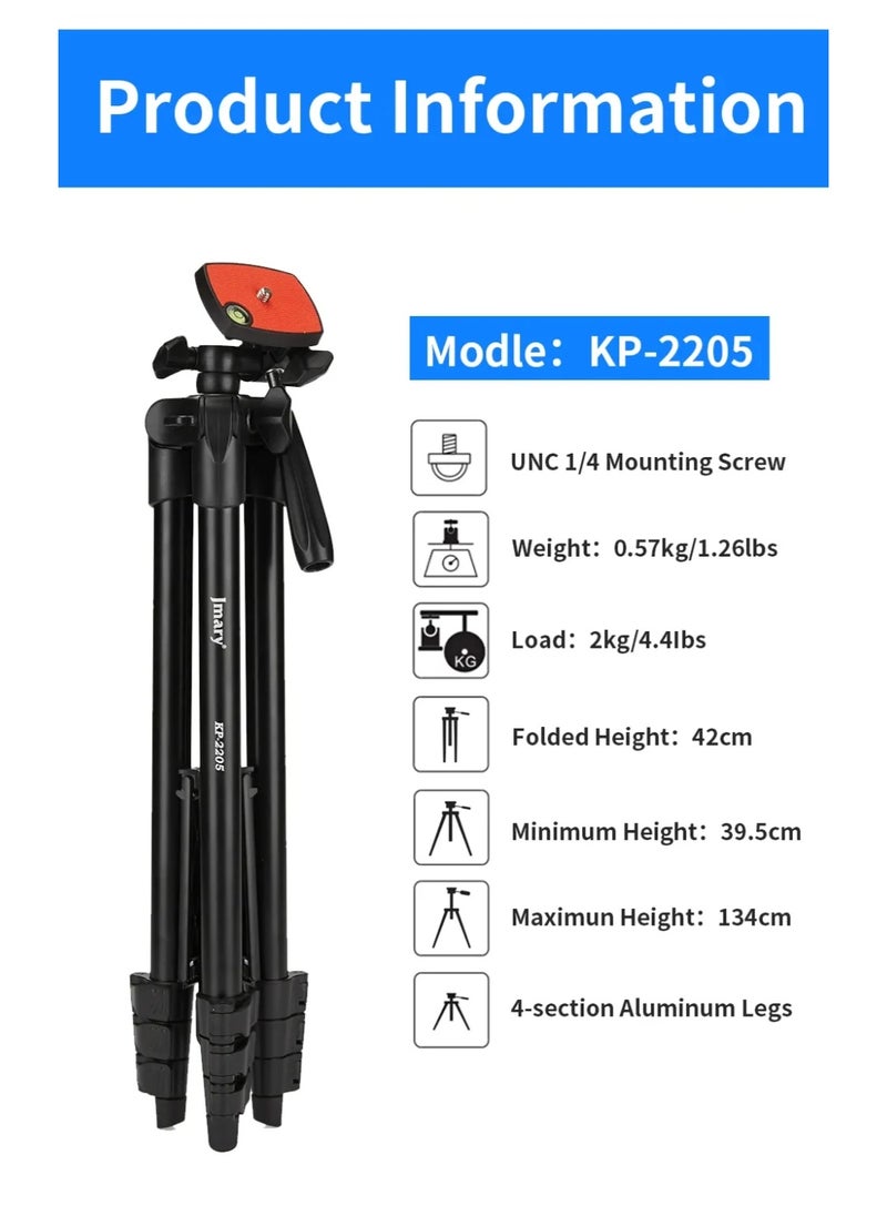 Professional Tripod KP-2205 , Lightweight and Extendable to 134cm, with Mobile Holder and Support for Cameras and DSLRs, 360° Rotation and Stable Aluminum Base - Ideal for Live Streaming, Video Shooting, and Content Creation - Foldable and Portable for Travel and Outdoor Photography - Black