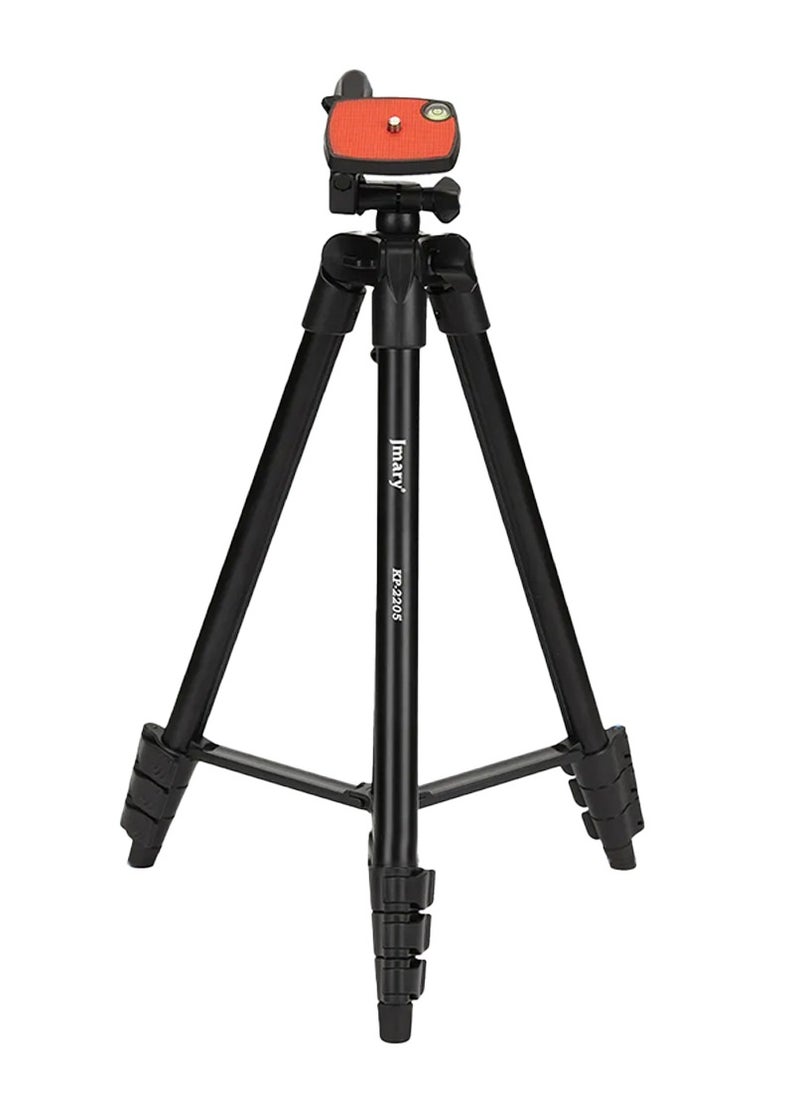 Professional Tripod KP-2205 , Lightweight and Extendable to 134cm, with Mobile Holder and Support for Cameras and DSLRs, 360° Rotation and Stable Aluminum Base - Ideal for Live Streaming, Video Shooting, and Content Creation - Foldable and Portable for Travel and Outdoor Photography - Black