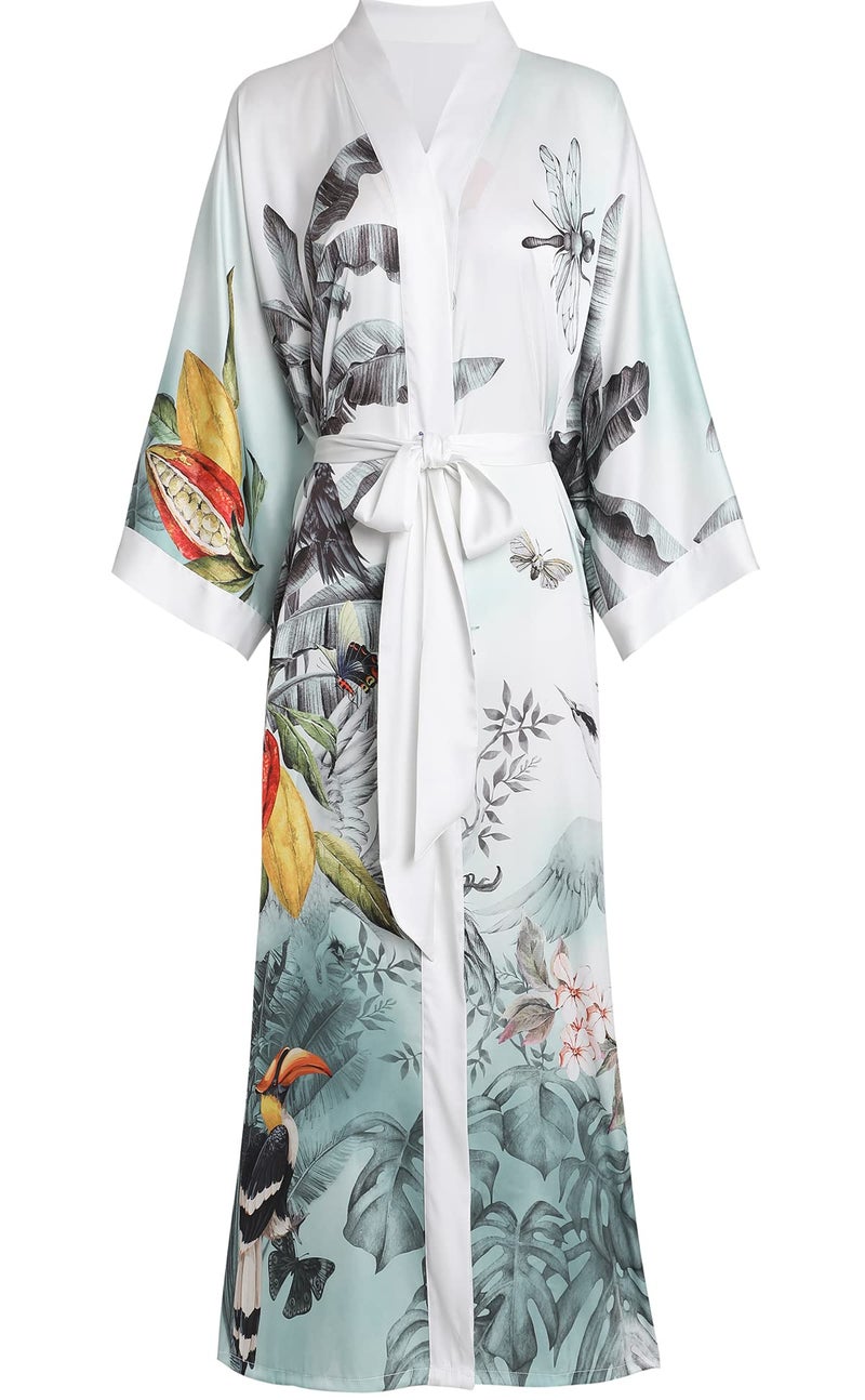 Aensso Long Soft Lightweight Silky Kimonos Robes for Women, Luxury Japanese Floral Womens Kimono Robe (Rainforest) - Image 1
