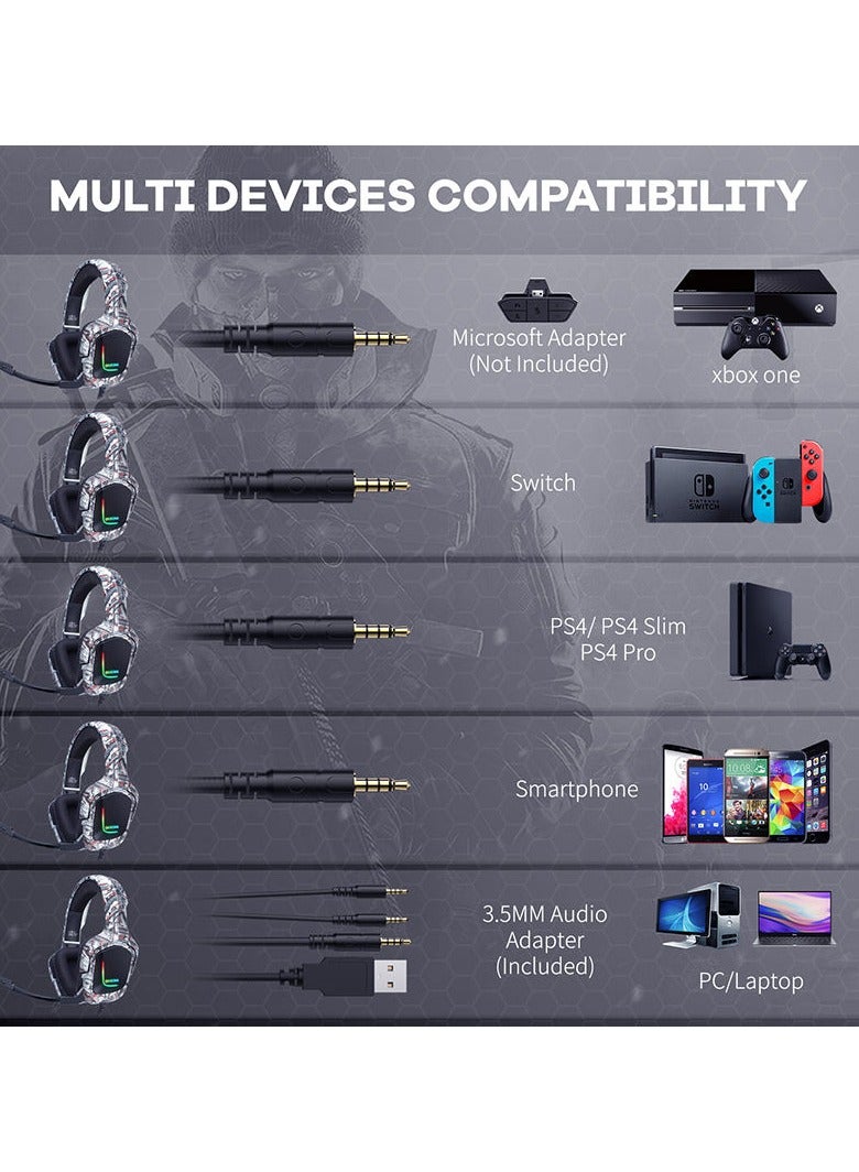 ONIKUMA K20 Camouflage Gaming Headset with Microphone RGB Light Wired Noise Cancelling Headphones for PS4 Xbox One PC Headset Gamers - Image 4