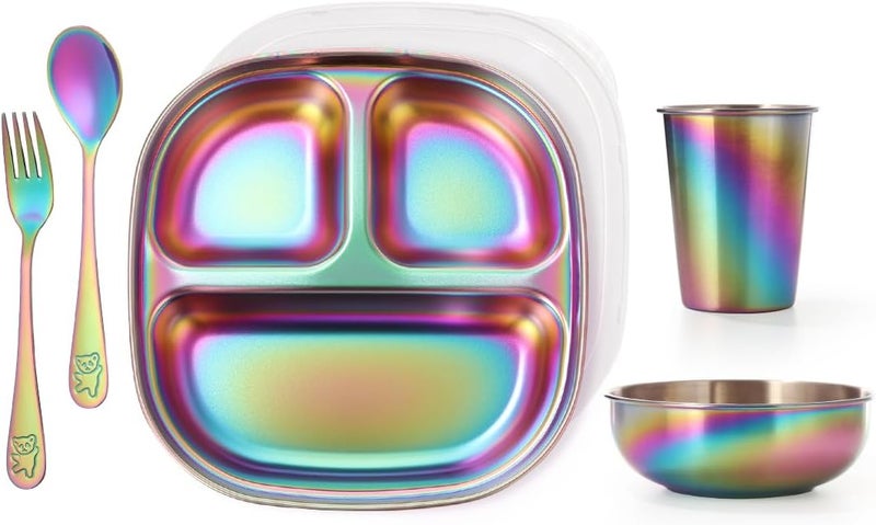 AIEVE Stainless Steel Kids Plates and Bowls 5 Pcs Kids Dinnerware Set Includes Stainless Steel Toddler Plate with Lid Utensils Cup and Bowl - Image 1