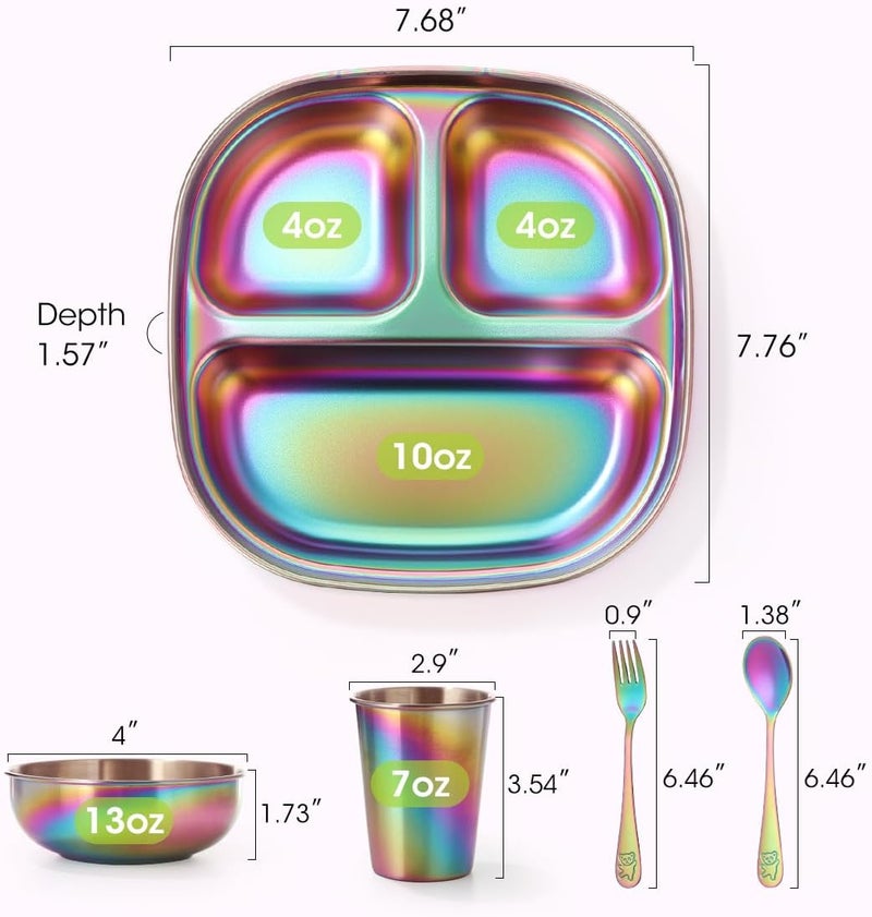 AIEVE Stainless Steel Kids Plates and Bowls 5 Pcs Kids Dinnerware Set Includes Stainless Steel Toddler Plate with Lid Utensils Cup and Bowl - Image 3