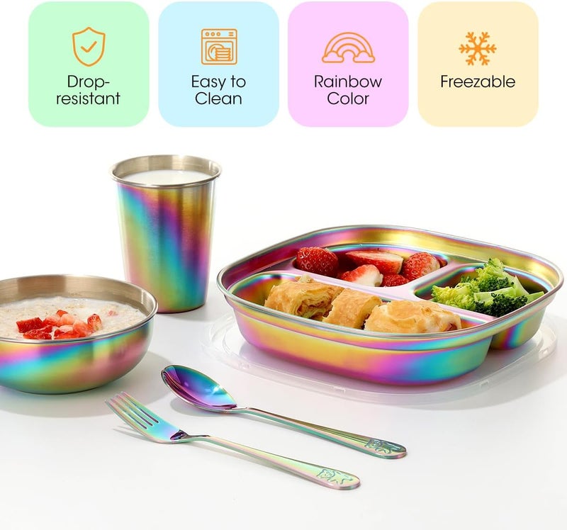 AIEVE Stainless Steel Kids Plates and Bowls 5 Pcs Kids Dinnerware Set Includes Stainless Steel Toddler Plate with Lid Utensils Cup and Bowl - Image 4