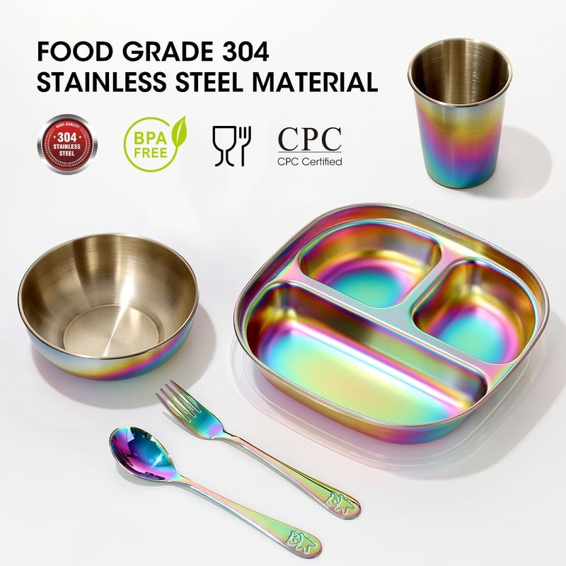 AIEVE Stainless Steel Kids Plates and Bowls 5 Pcs Kids Dinnerware Set Includes Stainless Steel Toddler Plate with Lid Utensils Cup and Bowl - Image 5