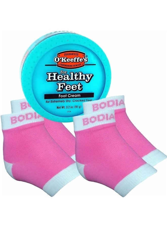 Bodiance Moisturizing Gel Heel Socks or Sleeves, 2 Pairs, Pink, Large, O'keeffe's Healthy Feet Foot Cream for Cracked Heels, Callus Treatment Bundle  - Image 1