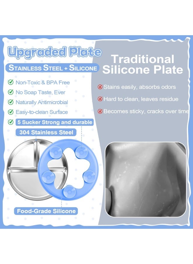 كوفوز الفولاذ المقاوم للصدأ أطفال لوحات ، 2 PCS لوحات مقسمة مع ﻿ أكمام السيليكون القابلة للإزالة ، لوحة الفولاذ المقاوم للصدأ مع 5 أكواب امتصاص ، غسالة صحون آمنة ، خالية من BPA - Image 4