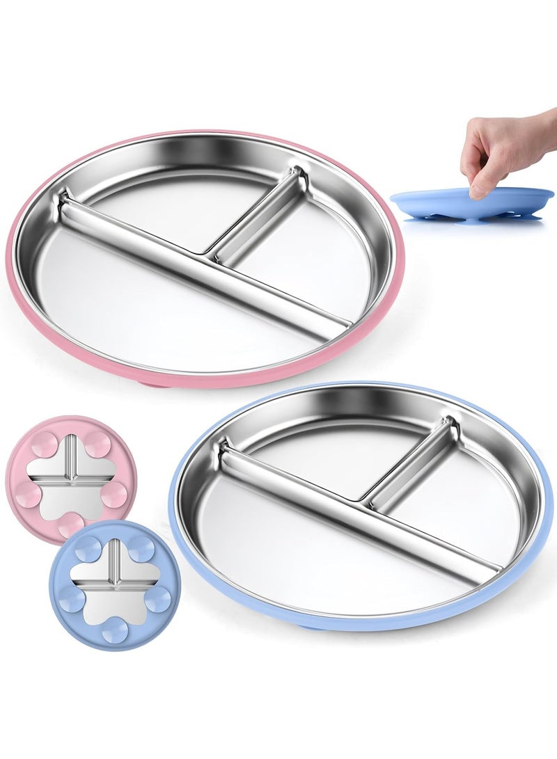 كوفوز الفولاذ المقاوم للصدأ أطفال لوحات ، 2 PCS لوحات مقسمة مع ﻿ أكمام السيليكون القابلة للإزالة ، لوحة الفولاذ المقاوم للصدأ مع 5 أكواب امتصاص ، غسالة صحون آمنة ، خالية من BPA - Image 1