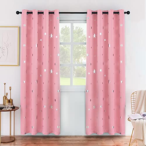 Anjee Blackout Curtains for Girls Bedroom 63 Inches Long Kids Star Foil Print Window Pink Curtains Thermal Insulated Room Darkening Drapes Nursery Decor 2 Panels, Baby Pink 52x63 Inches - Image 1