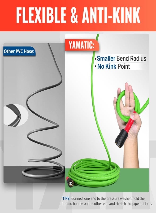 YAMATIC Super Flexible Pressure Washer Hose 25FT 1/4", Kink Resistant Power Washer Hose Replacement for Flexzilla Uberflex Ryobi Genarac Troy Bilt Honda Leak-Free M22 Fittings, 3200 PSI, Green - Image 2