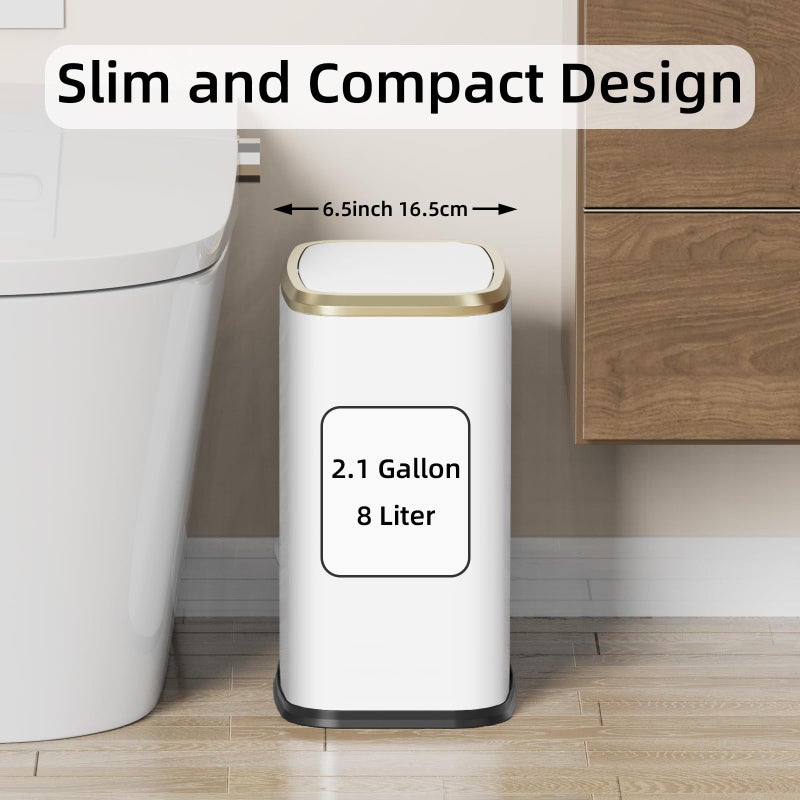 KHMMGK 8L/2.1 Gallon Small Bathroom Trash Can with Lid, Swing-Top Rectangular Waste Bin, Stainless Steel Garbage Can for Home, Office, Toilet, Bedroom, Living-Room (White) - Image 2