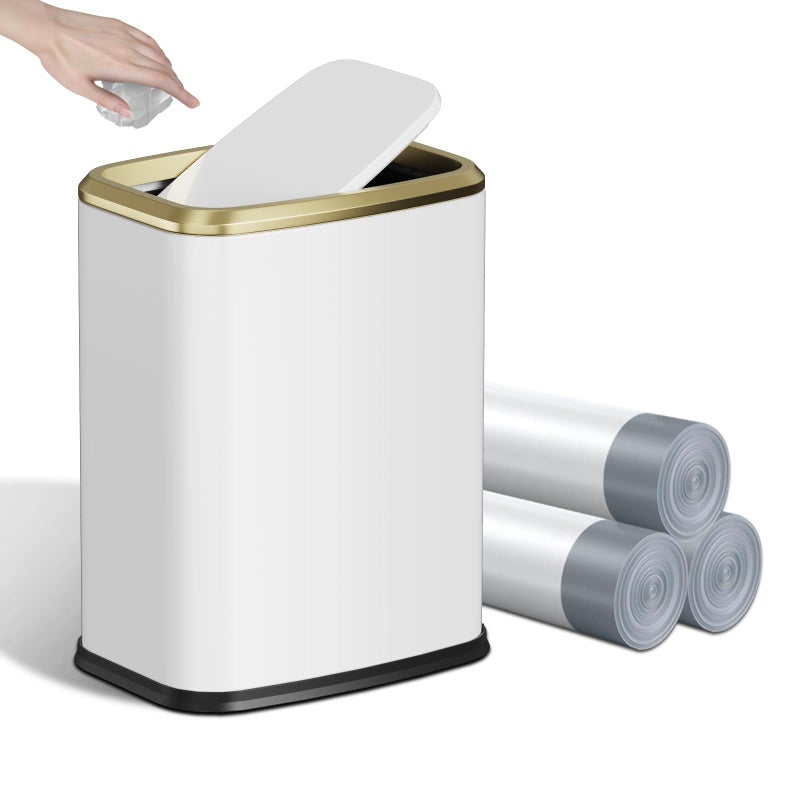 KHMMGK 8L/2.1 Gallon Small Bathroom Trash Can with Lid, Swing-Top Rectangular Waste Bin, Stainless Steel Garbage Can for Home, Office, Toilet, Bedroom, Living-Room (White) - Image 1