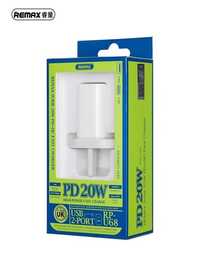 REMAX - 20W QC+PD Fast Charger RP-U68 (UK) Dual Ports Power Delivery with Lightening Charging Cable - Image 1