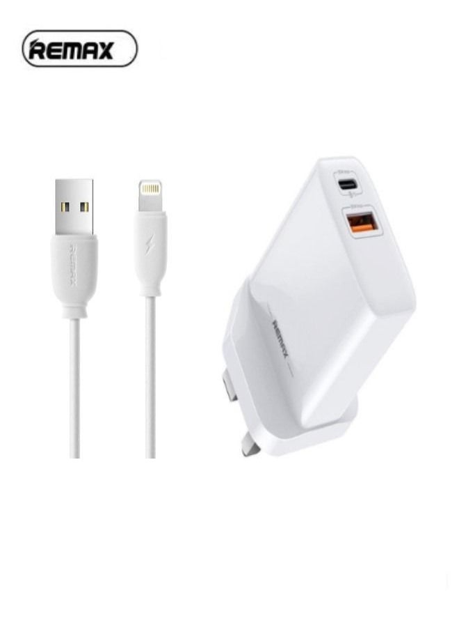 REMAX - 20W QC+PD Fast Charger RP-U68 (UK) Dual Ports Power Delivery with Lightening Charging Cable - Image 1