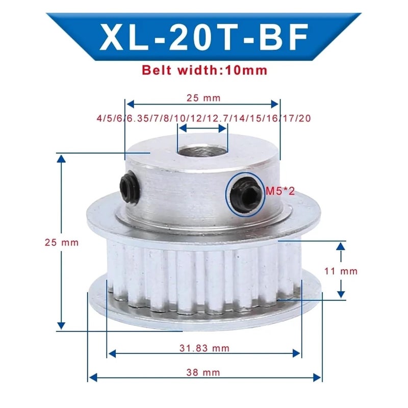 عجلة متزامنة XL20، عدد أسنان 20/20T، نوع BF، منصة محدبة، فتحة داخلية للبكرة 4/5/6/6.35/7/8/10/12/14/15/17/18/19//20 مم، مع مسامير (14 مم) - Image 2