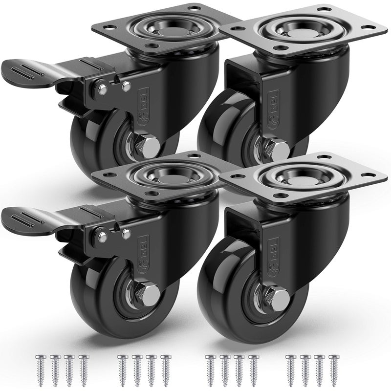 GBL - 2'' Caster Wheels + Screws 440Lbs | 4 X Heavy Duty Castor Wheels with Brakes | Dolly Wheels for Moving Furniture Table Trolley Workbench Garage (2 With & 2 Without Brakes) - Image 1
