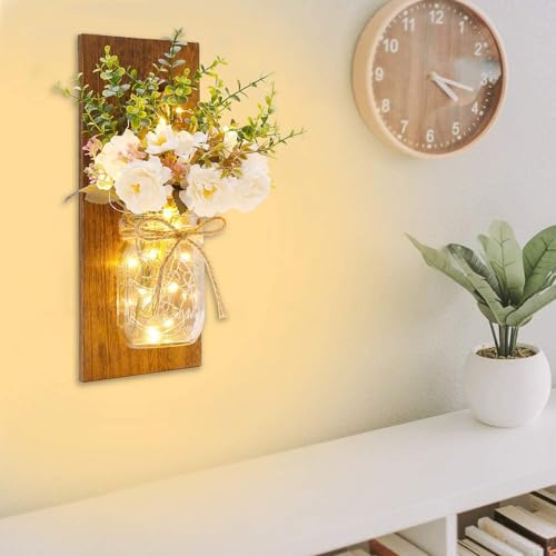Homecor Rustic Wall Sconces Mason Jar Sconces Handmade Wall Art Hanging Design with Remote Control LED Fairy Lights and White Peony,Christmas Decor Gift Farmhouse Wall Home Decor Living Room Lights Set of Two - Image 2