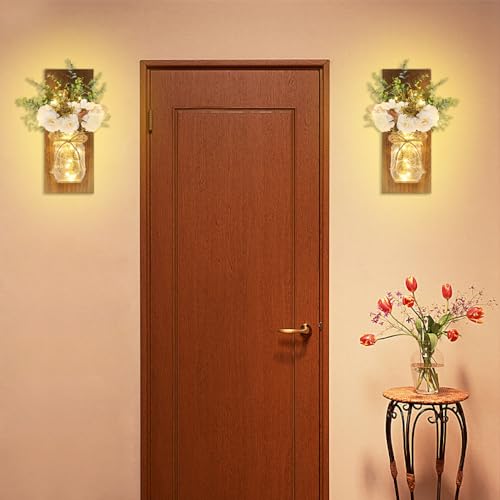 Homecor Rustic Wall Sconces Mason Jar Sconces Handmade Wall Art Hanging Design with Remote Control LED Fairy Lights and White Peony,Christmas Decor Gift Farmhouse Wall Home Decor Living Room Lights Set of Two - Image 5