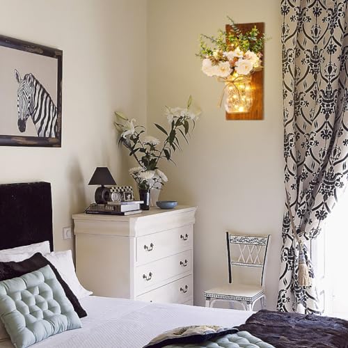 Homecor Rustic Wall Sconces Mason Jar Sconces Handmade Wall Art Hanging Design with Remote Control LED Fairy Lights and White Peony,Christmas Decor Gift Farmhouse Wall Home Decor Living Room Lights Set of Two - Image 4