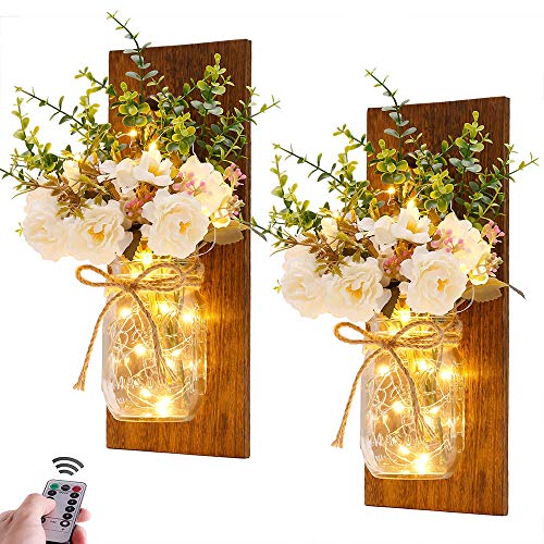 Homecor Rustic Wall Sconces Mason Jar Sconces Handmade Wall Art Hanging Design with Remote Control LED Fairy Lights and White Peony,Christmas Decor Gift Farmhouse Wall Home Decor Living Room Lights Set of Two - Image 1