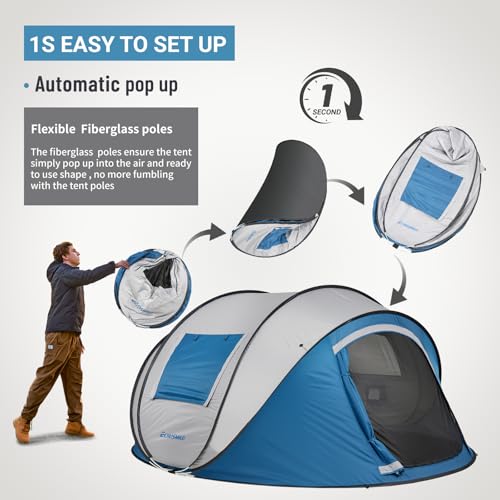 EchoSmile Instant Pop Up Camping Tent, 4 Person Easy Setup Tent, Water Resistant Dome, Portable with Carry Bag,Blue & Gray - Image 3