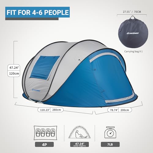 EchoSmile Instant Pop Up Camping Tent, 4 Person Easy Setup Tent, Water Resistant Dome, Portable with Carry Bag,Blue & Gray - Image 2