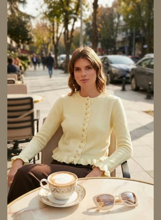 Lela Lela Premium Pleated Detailed Regular Fit Round Neck Knitwear Women's Cardigan 680HI00038