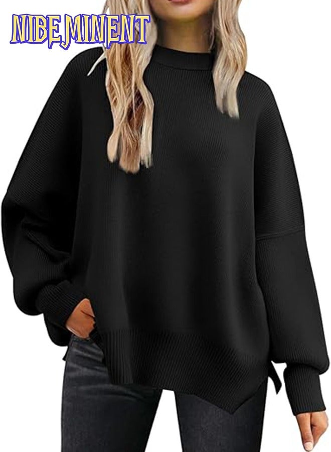 NIBEMINENT Women's Oversized Batwing Sweaters Fall Outfits Crewneck Ribbed Knit Side Slit Trendy Pullover Tops - Image 1
