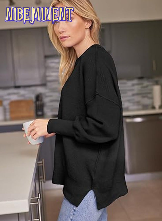 NIBEMINENT Women's Oversized Batwing Sweaters Fall Outfits Crewneck Ribbed Knit Side Slit Trendy Pullover Tops - Image 2