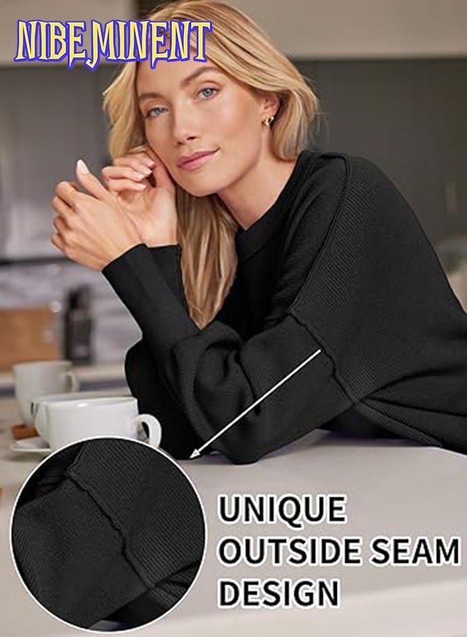 NIBEMINENT Women's Oversized Batwing Sweaters Fall Outfits Crewneck Ribbed Knit Side Slit Trendy Pullover Tops - Image 4