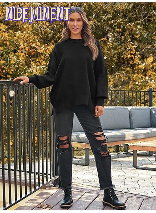 NIBEMINENT Women's Oversized Batwing Sweaters Fall Outfits Crewneck Ribbed Knit Side Slit Trendy Pullover Tops - Image 5
