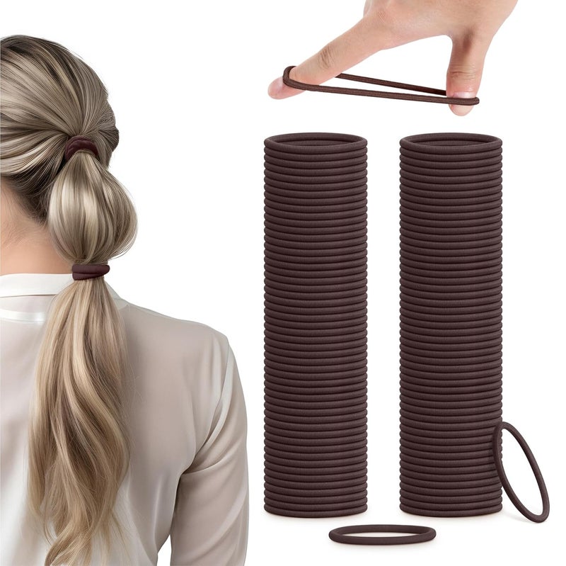 H&S Hair Ties for Women - 100pcs x 4mm - Non-Metal Bands for Thick and All Hair Types - Elastic & Seamless Ponytail Holders - No Damage Bobbles also for Men - Brown