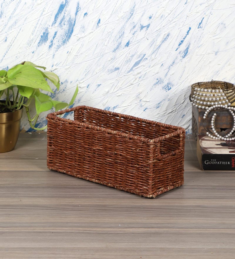 AKWAY Handmade Wicker Rectangular Shape Basket Bathroom Vanity Tray, Wicker Kitchen Counter Top Storage Shelf Coffee Table Decorative Tray Cosmetic Organizer Display Holder (11 L X 4.5 W X 4.5 H) - Image 1