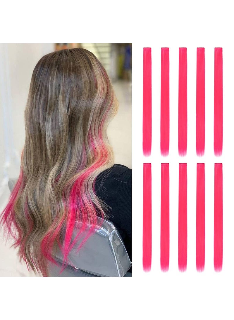 HH FASHION 20 Inch Colored Hair Extensions Party Highlights Straight Colorful Clip In Hair Extensions Synthetic Rainbow Hairpieces for Girls Kids Gift10Pcs Pink 