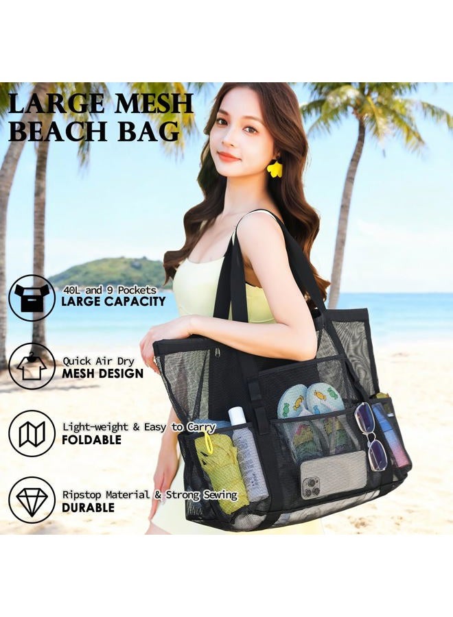 Fammart Mesh Beach Bag, Large Beach Tote with Zipper Pocket for Family Pool Bag for Toys & Vacation Essentials, Large - Dark Grey, Large, Fashion - Image 3