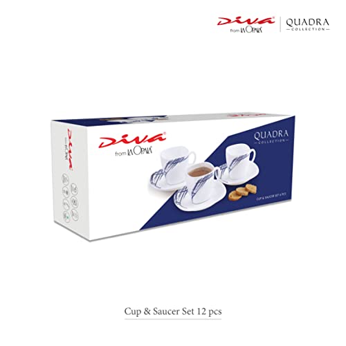 La Opala Diva, Quadra Collection, Opal Glass Cup & Saucer Set 12 pcs, Summertide, White - Image 4