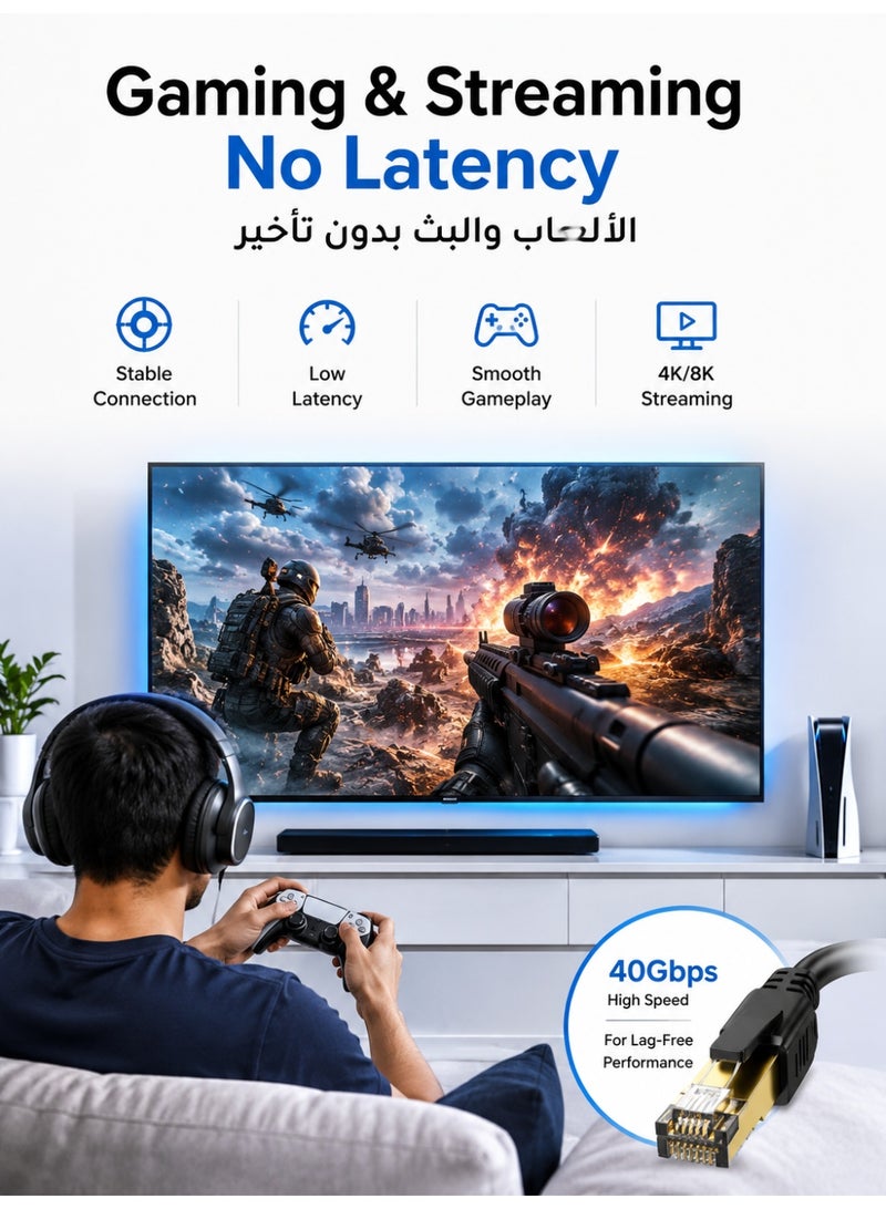 تي بي بردج كابل إيثرنت CAT-8 بطول 1.5 متر - كابل شبكة LAN فائق السرعة 40 جيجابت في الثانية | كابل إنترنت RJ45 محمي بتردد 2000 ميجاهرتز لأجهزة الألعاب، وأجهزة الكمبيوتر، وأجهزة الكمبيوتر المحمولة، وPS5 - Image 4