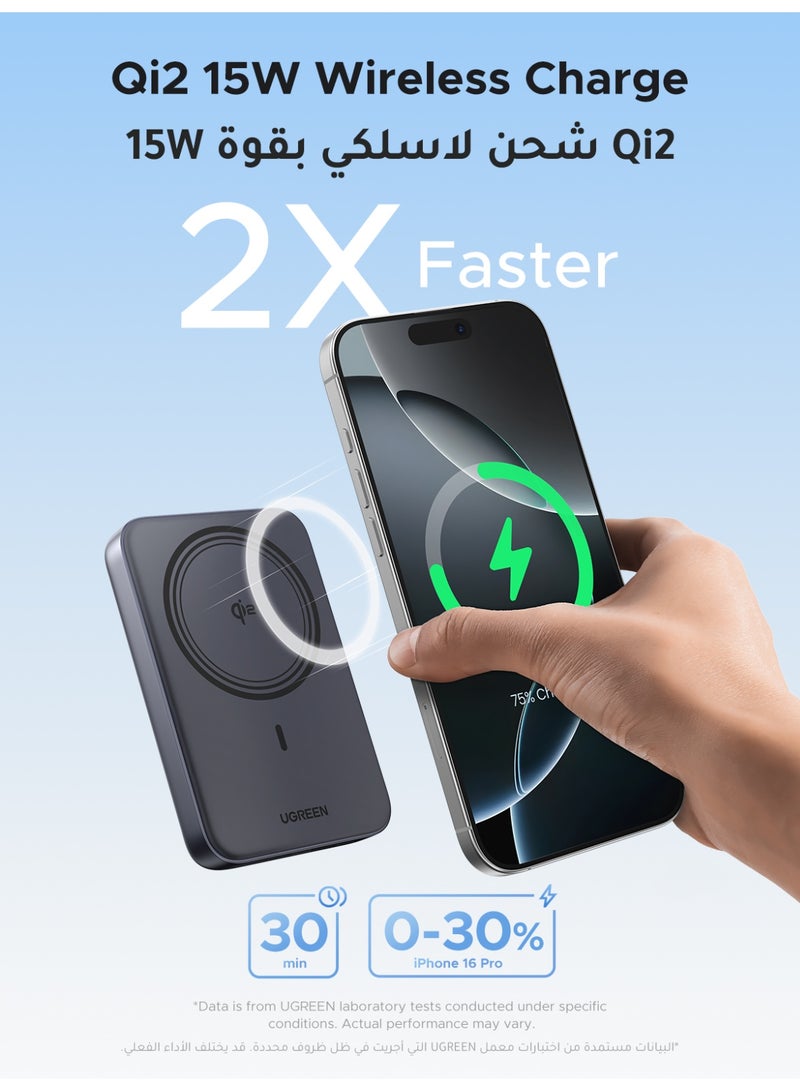 يو جرين بنك طاقة Qi2 سعة 10000 مللي أمبير 15 واط لشحن سريع لاسلكي لجهاز آيفون، شاحن محمول مغناطيسي، حزمة بطارية عالية الجودة، حماية آمنة، حجم صغير متوافق مع سلسلة آيفون 12-16 وآيربودز - Image 2