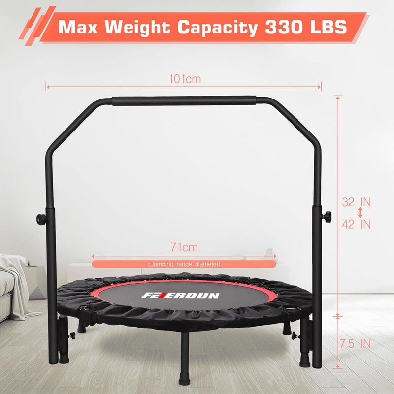 FEIERDUN 40/48" Mini Rebounder Trampoline for Adults with Bar, 450/550LBS Fitness Trampoline with Bungees, Adjustable Handle, Stable & Quiet, Whole-Body Workout & Relaxation at Home - Image 5