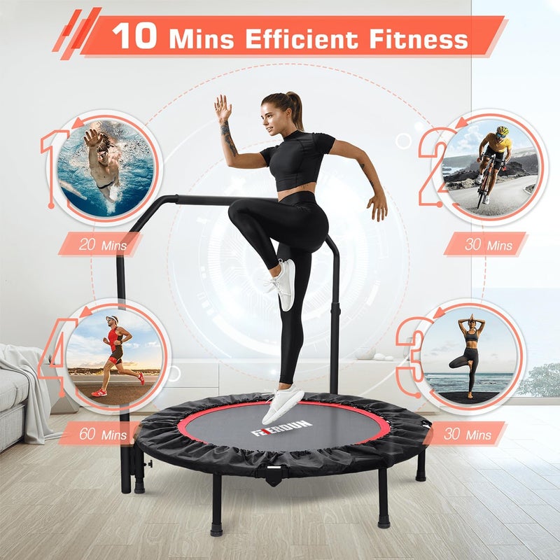 FEIERDUN 40/48" Mini Rebounder Trampoline for Adults with Bar, 450/550LBS Fitness Trampoline with Bungees, Adjustable Handle, Stable & Quiet, Whole-Body Workout & Relaxation at Home - Image 3
