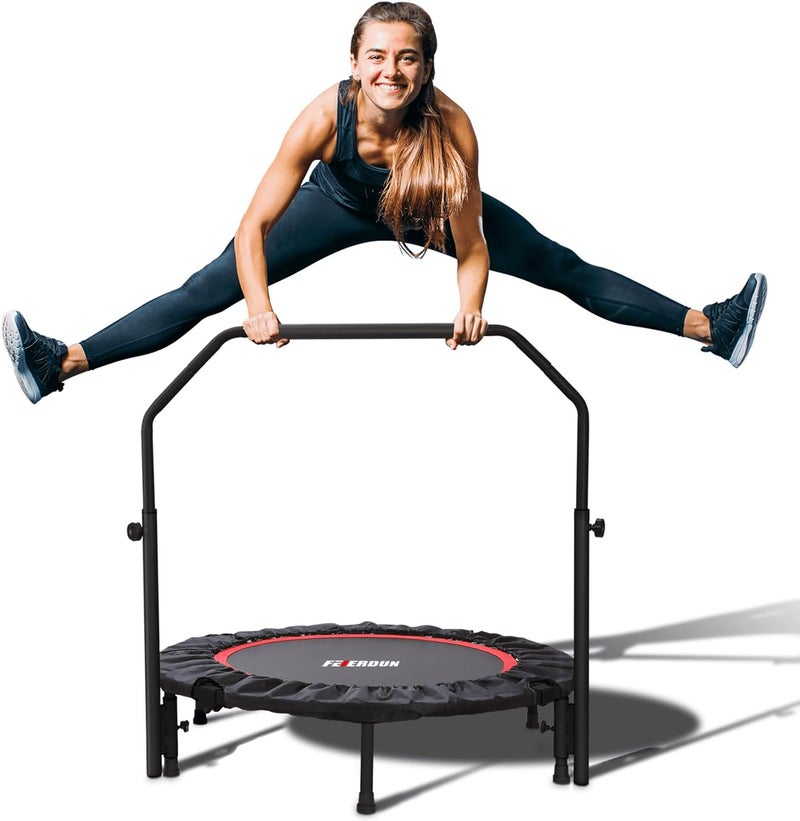 FEIERDUN 40/48" Mini Rebounder Trampoline for Adults with Bar, 450/550LBS Fitness Trampoline with Bungees, Adjustable Handle, Stable & Quiet, Whole-Body Workout & Relaxation at Home - Image 1
