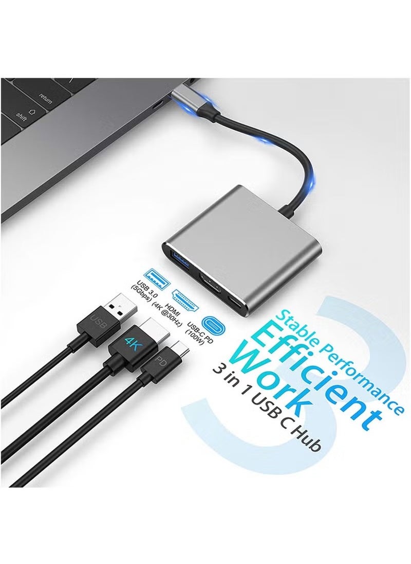 ماركة غير محددة - محول 3 في 1 من النوع C إلى USB وHDMI باللون الرمادي - Image 1