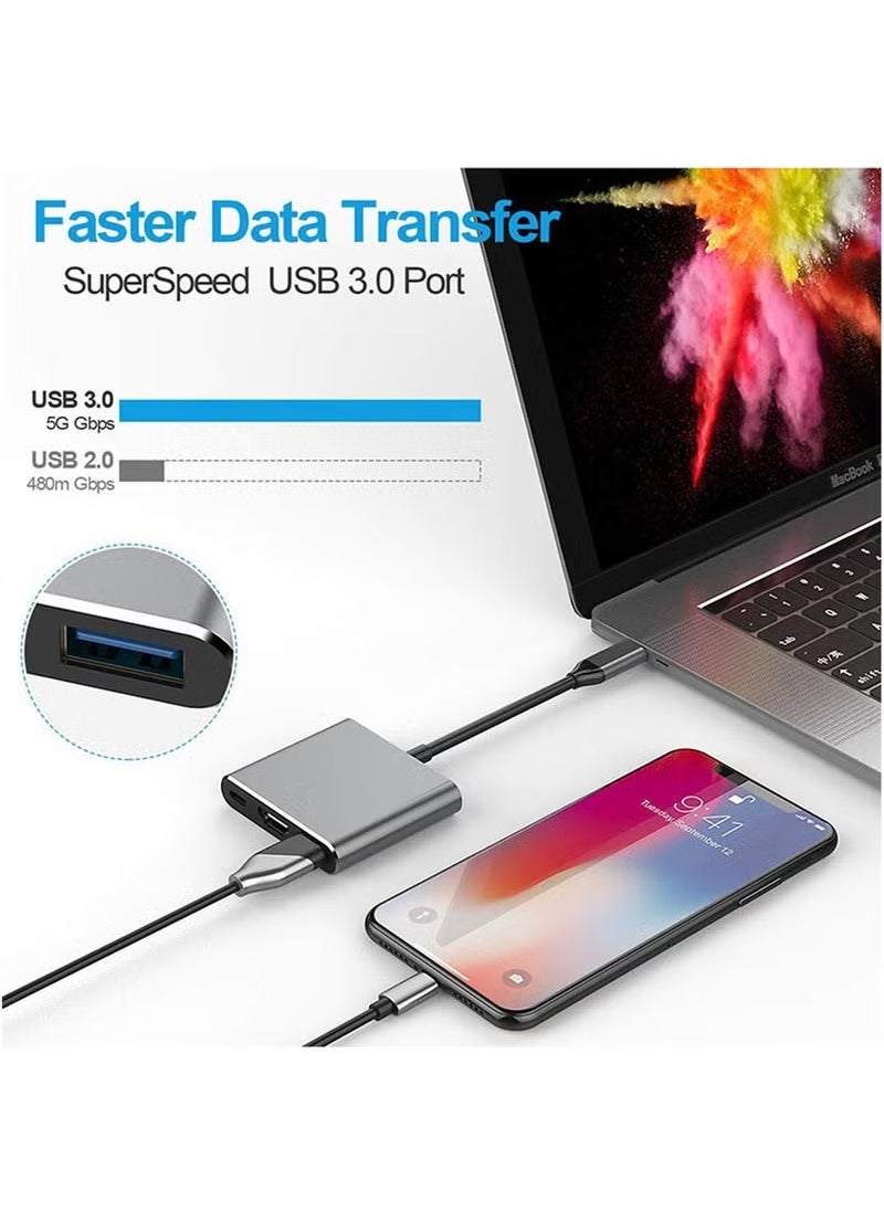 ماركة غير محددة - محول 3 في 1 من النوع C إلى USB وHDMI باللون الرمادي - Image 1