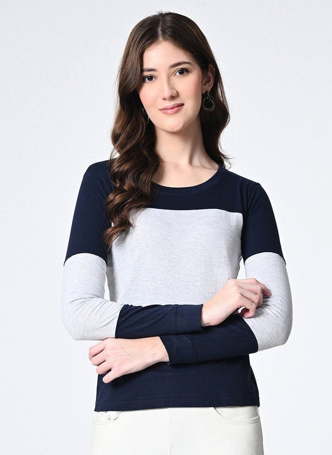 Pretilly Navy Blue Colourblocked Cotton T-Shirt for Women - Image 1