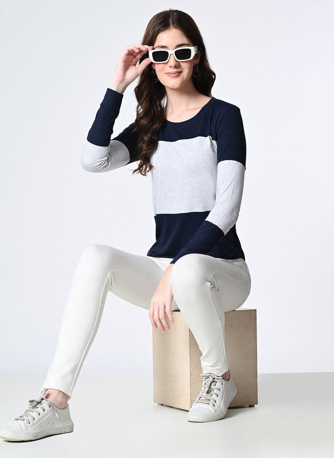 Pretilly Navy Blue Colourblocked Cotton T-Shirt for Women - Image 5