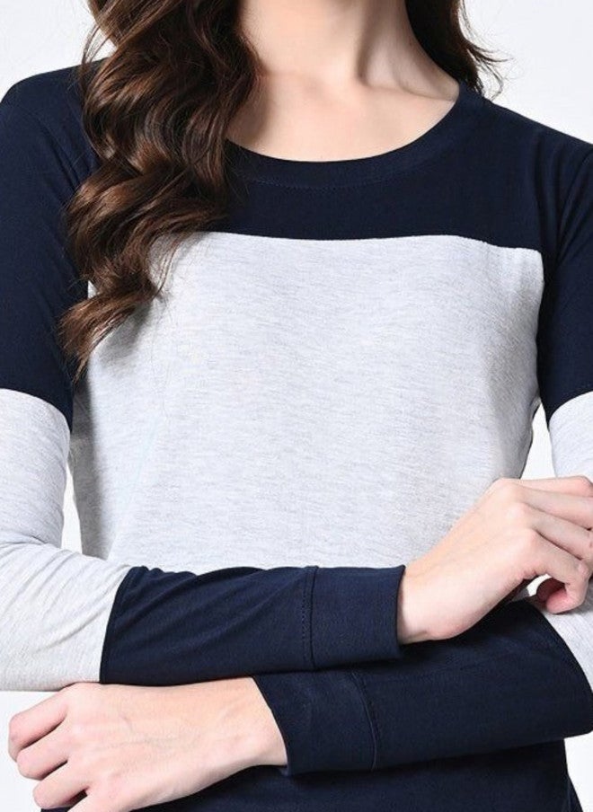 Pretilly Navy Blue Colourblocked Cotton T-Shirt for Women - Image 2