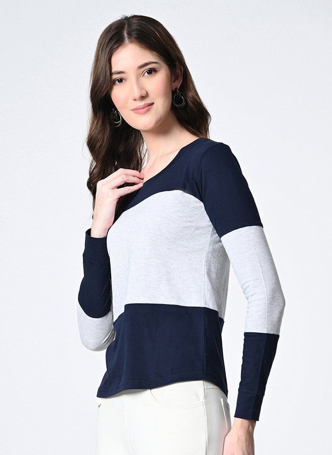 Pretilly Navy Blue Colourblocked Cotton T-Shirt for Women - Image 4