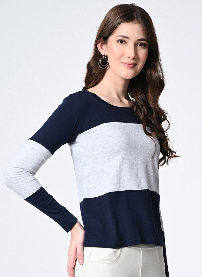 Pretilly Navy Blue Colourblocked Cotton T-Shirt for Women - Image 3