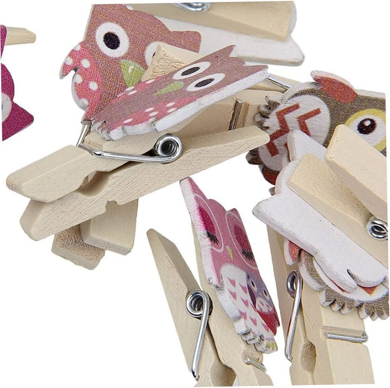klarako 10pcs Wood Shape Clips Game Favors for Jute Album Craft Clamp Clothespins With Postcard Wooden Pictures Hanging Rope Holders Paper Owl Cartoon Note Photo Pattern Peg Twine Burlap - Image 3